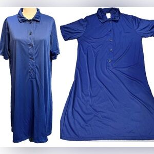 VINTAGE‎ polo collar button front shirt dress midi short sleeve navy blue 80s